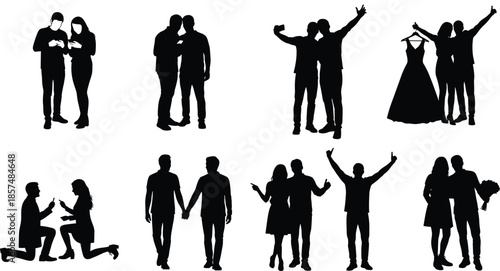 Couple silhouettes, romantic poses, proposal moment, celebration, love icons, black figures, relationship stages, bouquet, selfie, wedding, togetherness
