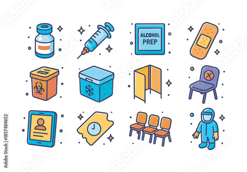 Vaccination Center Icons. Vaccination center equipment. Colorful isometric vector icons set of vaccination center equipment: vaccine vial, syringe with needle