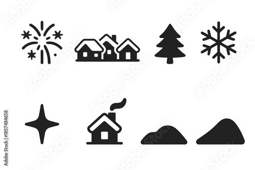 Winter Fireworks Icons. Fireworks over a snowy town. Filled icon set of Fireworks over a snowy town: fireworks