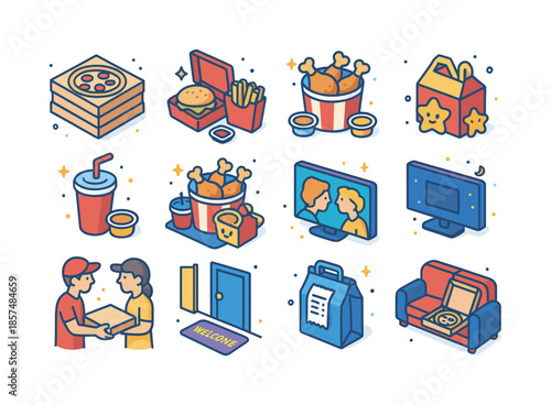 Fast Food Delivery Icons. Pizza and fast food delivery. Colorful isometric vector icons set of Pizza and fast food delivery: pizza box stack, burger box and