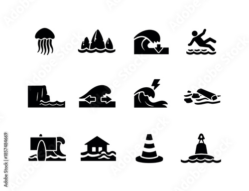 Beach Hazard Icons. Beach hazards. Solid icon set of beach hazards: jellyfish warning, sharp rocks, strong surf sign, slippery area, deep drop-off marker,