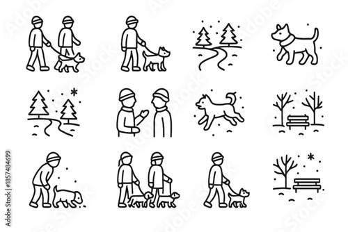 Snowy Park Dog Icons. Snowy park dogs. Line outline icon set of snowy park dogs: friends walking dogs, person