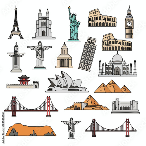 A collection of architectural drawings of famous landmarks around the world