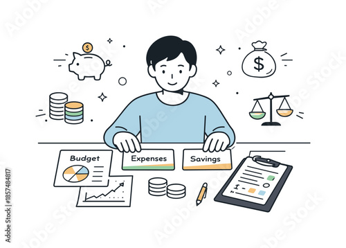 Organized Financial Planning. Financial planning overview. A person organizing budget cards and charts on a desk. Calm control and clarity, simple icons of
