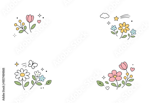 Pastel Spring Elegance. Pastel spring background. Delicate flowers and leaves arranged in a loose, airy composition with plenty of white space. The mood is