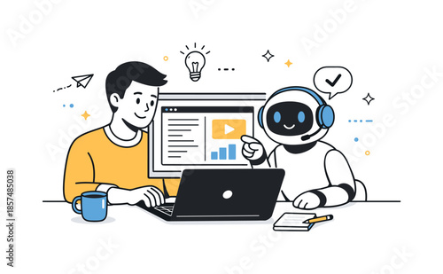 AI & Human Collaboration. Human and AI collaboration. A professional and a friendly AI assistant working side by side on a shared screen. Warm, balanced scene