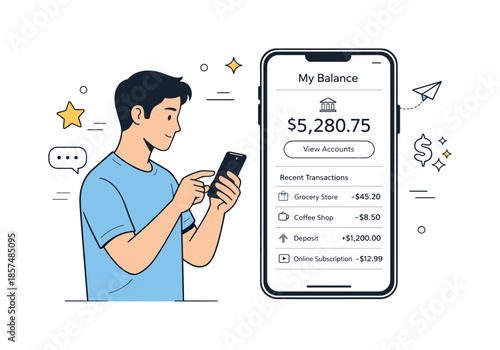 Seamless Mobile Banking. Mobile banking experience. A user reviewing balance and recent transactions on a clean app interface. Focused interaction and trust in
