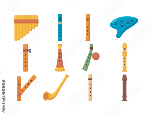 Colorful Folk Instruments. Folk wind instruments. Colorful flat vector icons set of folk wind instruments: pan flute, tin whistle, shakuhachi, ocarina, Native