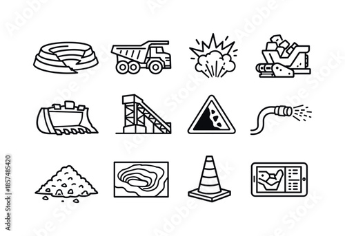 Open-Pit Mining Icons. Open-pit mining. Line icon set of Open-pit mining: terraced pit, haul truck, blasting icon, rock crusher, loader bucket, conveyor tower,