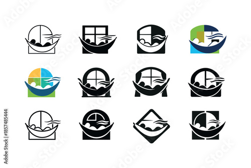 Hammock Sleep Icons. A person drifting off to sleep in a hammock. Icon set. Set Logo of a person drifting off to sleep in a hammock: hammock near window breeze