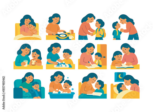 Family Life Icons. Everyday family life. Colorful flat vector icons set of everyday family life: morning cuddles, breakfast prep, getting ready for school,