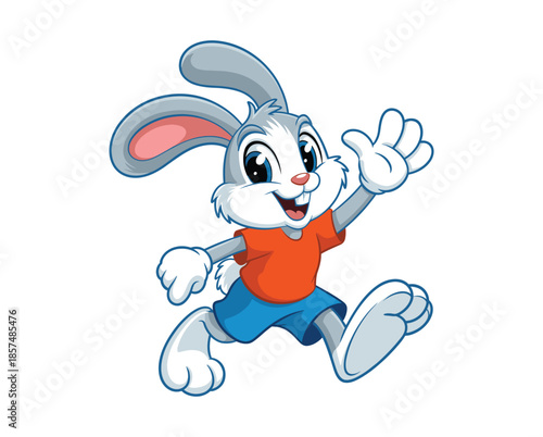 Cartoon grey rabbit character with blue eyes wearing orange shirt and blue shorts waving.