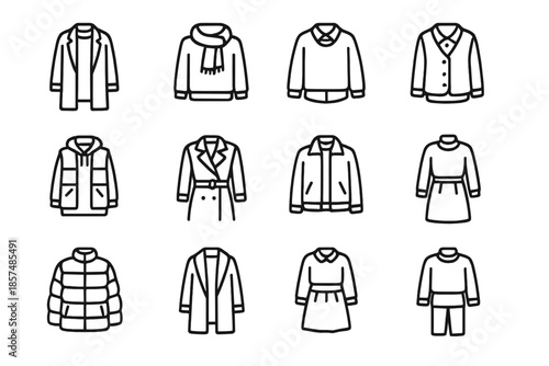 Cozy Fashion Icons. Cozy layered fashion set. Line outline icon set of cozy layered fashion set: long coat