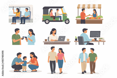 Modern South Asian Daily Life Flat Vector Illustration Set