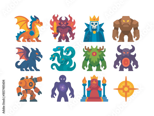 Colorful Boss Monster Icons. Boss monsters. Colorful flat vector icons set of Boss monsters: colossal armored dragon, multi-phase demon lord, crowned lich
