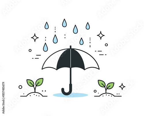 Renewal in Spring Rain. Spring rain concept. A minimal scene with an umbrella, falling raindrops, and young plants growing from the ground. Peaceful atmosphere