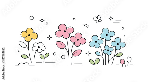 Spring Blossoms Simplicity. Spring blossoms scene. Simplified flowers in bloom with rounded shapes and light stems, fresh airy mood with abstract decorative
