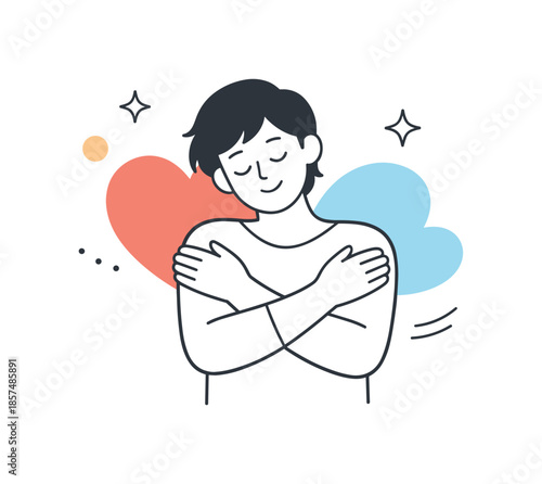 Embrace Self-Love. Self-love and care. Single character calmly embracing themselves with heart and soft abstract shapes, expressing inner balance and
