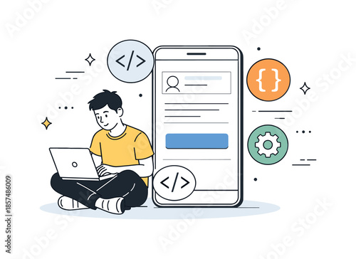 Mobile App Development. Coding a mobile app. Developer sitting with a laptop while code symbols and brackets appear next to a phone screen. Quiet focused work