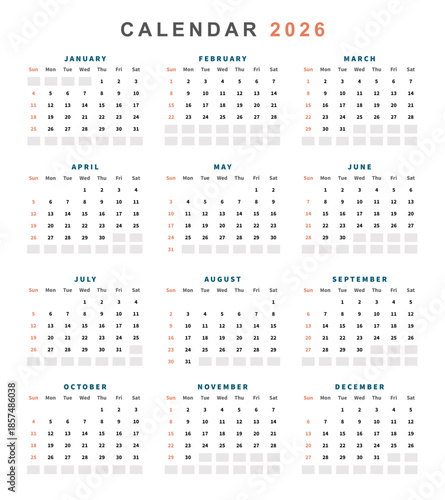 Calendar planner 2026 year, schedule month calendar, American organizer template. Week starts on Sunday. Business personal page. Modern simple dairy for USA. Vector illustration