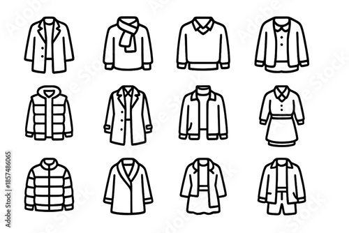 Layered Outfit Icons. Layered outfits aesthetic. Line outline icon set of layered outfits aesthetic: long coat