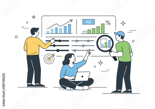 Campaign Optimization Collaboration. Campaign optimization process. Team adjusting sliders and charts on a digital dashboard. Thoughtful collaboration around