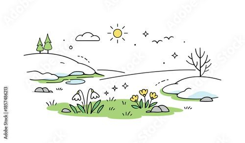 Spring's Gentle Awakening. March nature transition. Early spring landscape where snow melts into green grass and small flowers begin to bloom. Calm hopeful