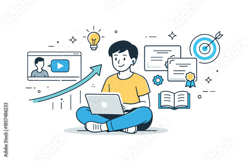 Online Skills Growth. Online skills development. Person gaining new skills through video tutorials and certificates appearing nearby, representing personal