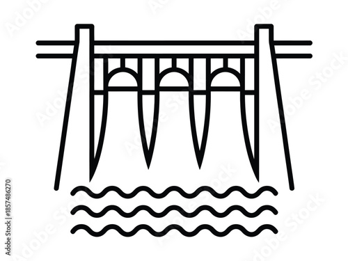 An illustration of a hydroelectric dam with water flowing through its gates.