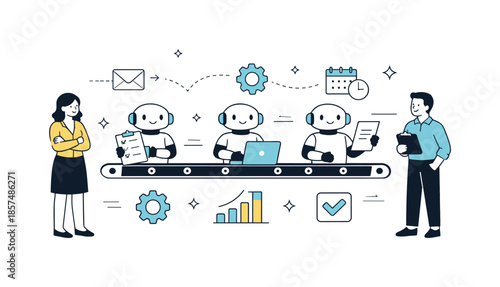 Efficient Automation Illustration. Business process automation. Characters supervising automated workflows with robots and task icons working smoothly. Sense