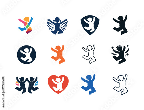 Children's Dance Icons. Children's dance. Icon set. Set Logo of children's dance: joyful jump pose. harmonious logo variations of the same emblematic concept,