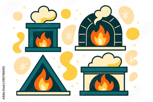 Stylized Hearth Designs. Stylized hearth pack. Clean geometric fireplaces, abstract flames and smoke, soft