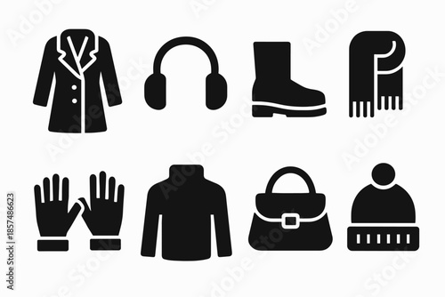 Chic Winter Icons. Stylish winter outfits. Filled icon set of Stylish winter outfits: tailored coat, earmuffs,