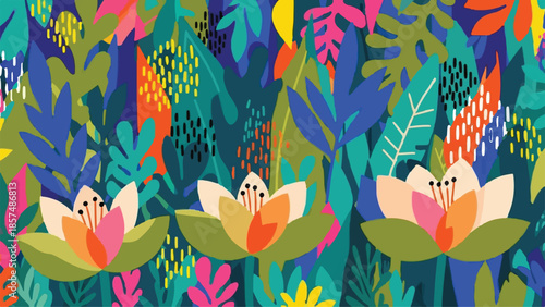 Wallpaper Mural Vibrant Tropical Jungle Pattern Illustration with Stylized Lotus Flowers and Lush Foliage Torontodigital.ca