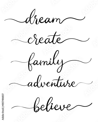 Minimal handwritten calligraphy typography poster with inspirational words dream, create, family, adventure and believe on white background.