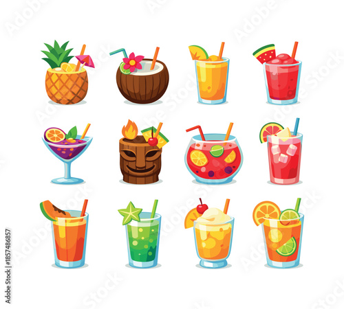 Tropical Drink Icons. Tropical Drinks. Colorful flat vector icons set of Tropical Drinks: pineapple cooler, coconut drink, mango smoothie, watermelon slush,
