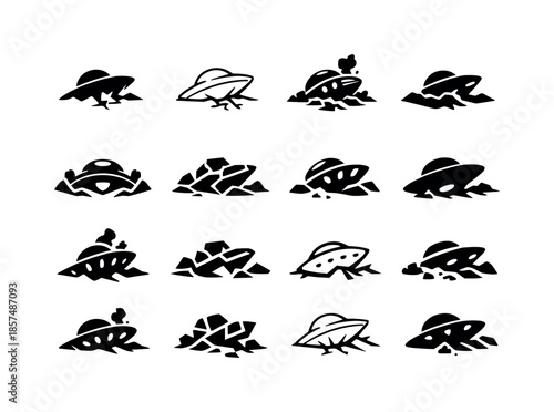 Ancient UFO Logo Icons. The search for ancient extraterrestrial life. Icon set. Set Logo of the search for ancient extraterrestrial life: crashed UFO relic.