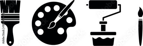 Black and White Professional Painting Icons Set Featuring Artist Palette Paint Brushes and Roller for Creative Art and Home Renovation