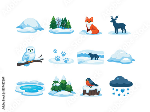 Winter Wildlife Icons. Snowy landscapes with animals in winter habitats. Colorful flat vector icons set of snowy landscapes with animals in winter habitats: