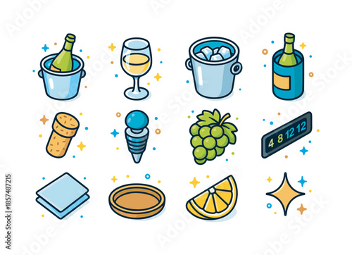 Colorful Wine Set. White wine serving set. Colorful isometric vector icons set of white wine serving set: chilled white wine bottle, filled white wine glass,
