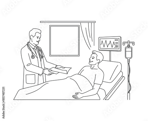 Doctor talking to patient in hospital bed with medical equipment.