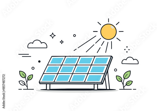 Clean Solar Energy. Solar energy concept. Clean solar panel illustration with sun rays and minimal surroundings, symbolizing eco power and future technology.