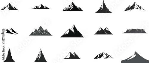 Collection of various mountain and volcano icons in black silhouette