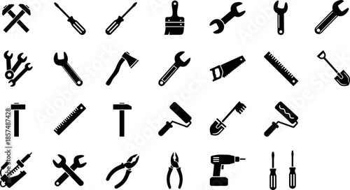 Black Vector Construction Tool Icons Set Featuring Hammers Screwdrivers Wrenches Pliers Saws Drills And Hardware Equipment For Repair Maintenance And DIY