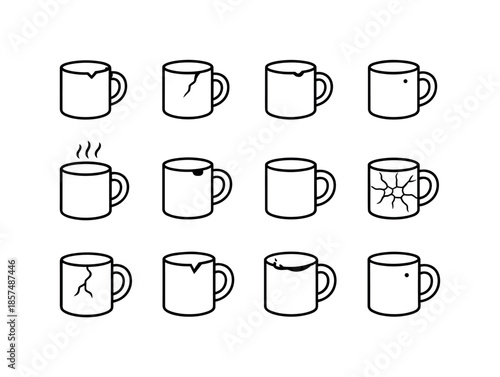 Chipped Coffee Mug Icons. Chipped coffee mug. Line icon set of chipped coffee mug: chipped corner rim, stress fracture line, slight rim dent, ceramic dust
