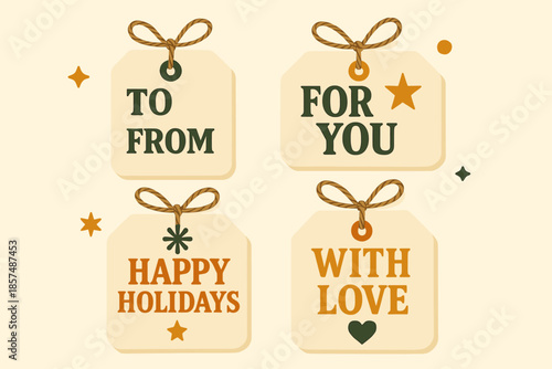 Retro Gift Tags Design. Retro gift labels. Tags with classic typography and twine loops; small decorative