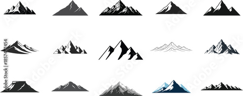 Collection of diverse mountain range silhouettes in black and white