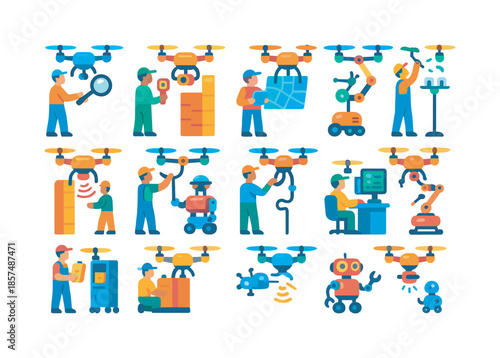 Drone Maintenance Icons. Drone maintenance teams. Colorful flat vector icons set of drone maintenance teams: inspection drone, thermal scan drone, mapping