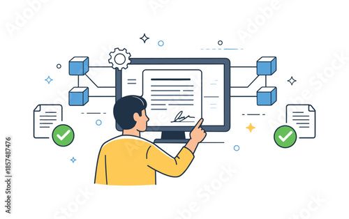 Smart Contract Review. Smart contracts concept. A person reviewing an automated agreement on a screen with connected blocks. Clarity and reliability,