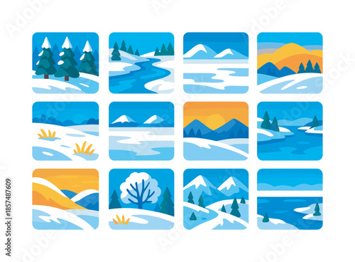 Vibrant Winter Icons. Winter landscapes. Colorful flat vector icons set of winter landscapes: snowy forest, icy river, frozen hillside, frosted meadow, polar